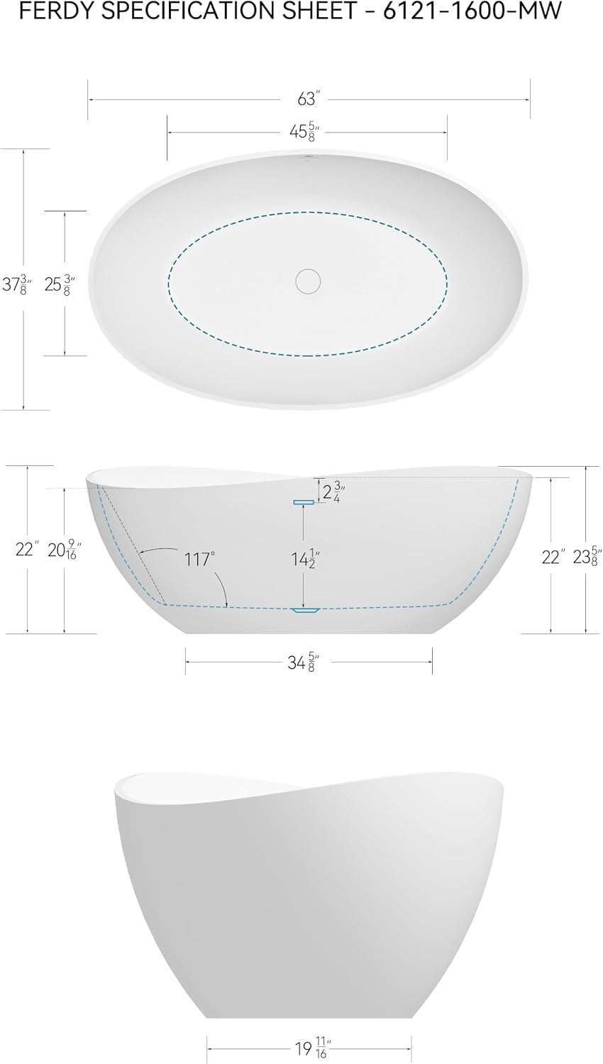 FerdY Lamu 63' Stone Resin Freestanding Bathtub, Gracefully Shaped Freestanding Bathtub, Solid Surface Soaking Tub, Matte White, cUPC Certified, Pop-up Drain and Integrated Slotted Overflow