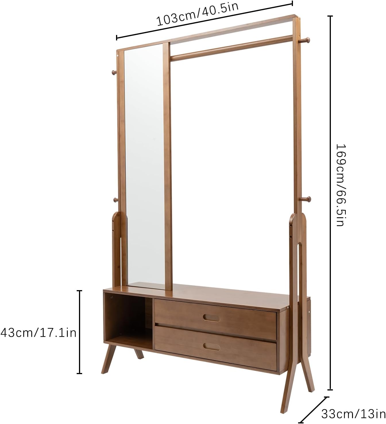 Bamboo Garment Rack with Mirror, Freestanding Wooden Closet Organizers with 2 Storage Drawers&Hooks, Vintage Coat Rack, Open Wardrobe for Entryway Bedroom Living Room