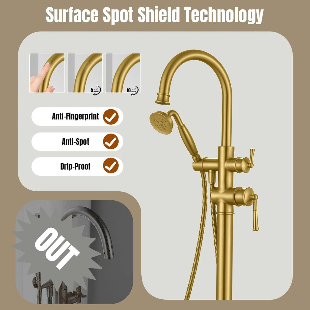 Free Standing Tub Faucet, Antique, Brushed Gold (B2311-BG) | H59-1 Premium Solid Brass, High Flow 6.6 GPM, Elegant & Vintage Styling