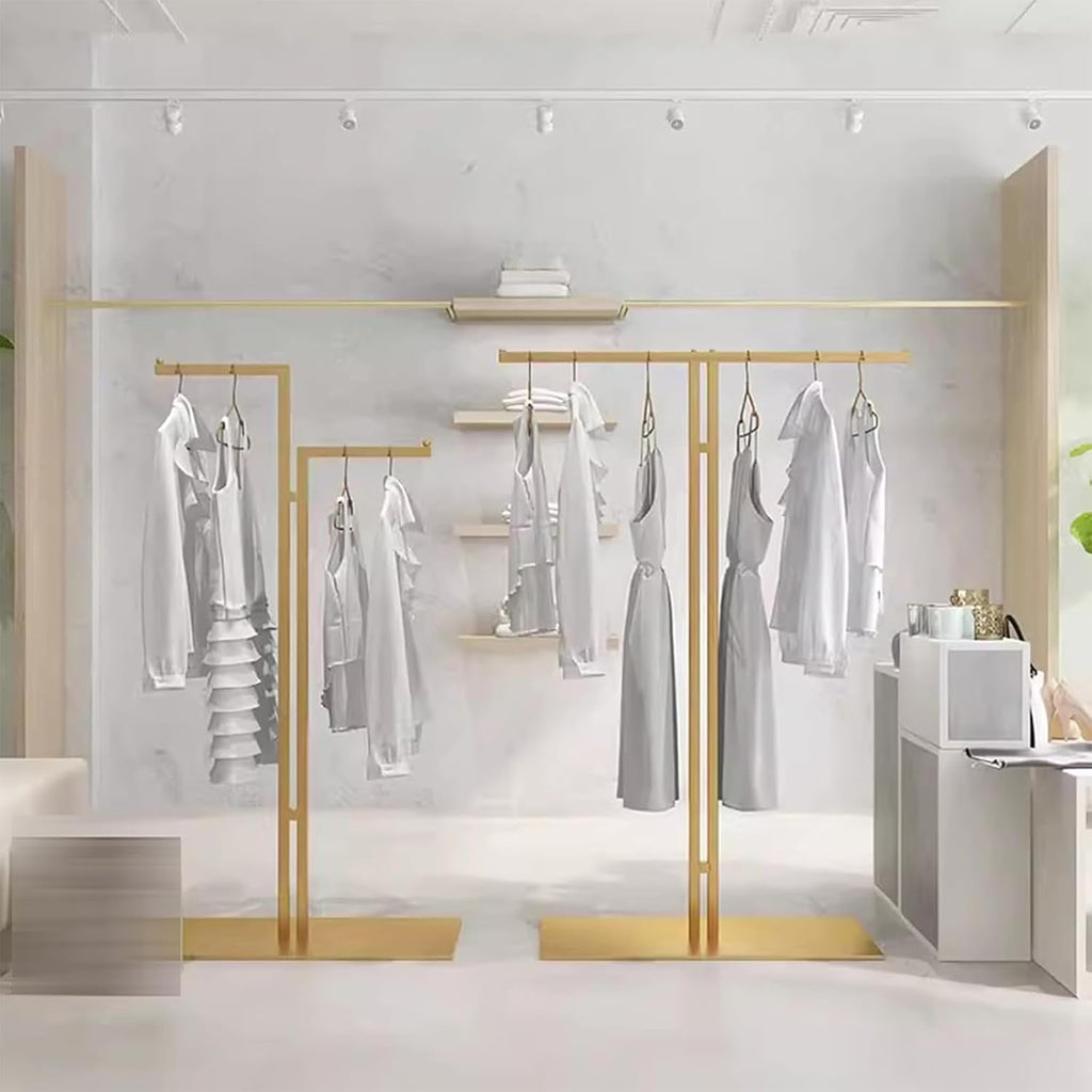 Heavy Duty Garment Rack Double Rod Clothing Rack for Hanging Clothes, Freestanding Clothes Display Rack for Boutique, Heavy Duty Metal Clothes Rail for Bedroom, Space Saving Coat Rack (Gold)