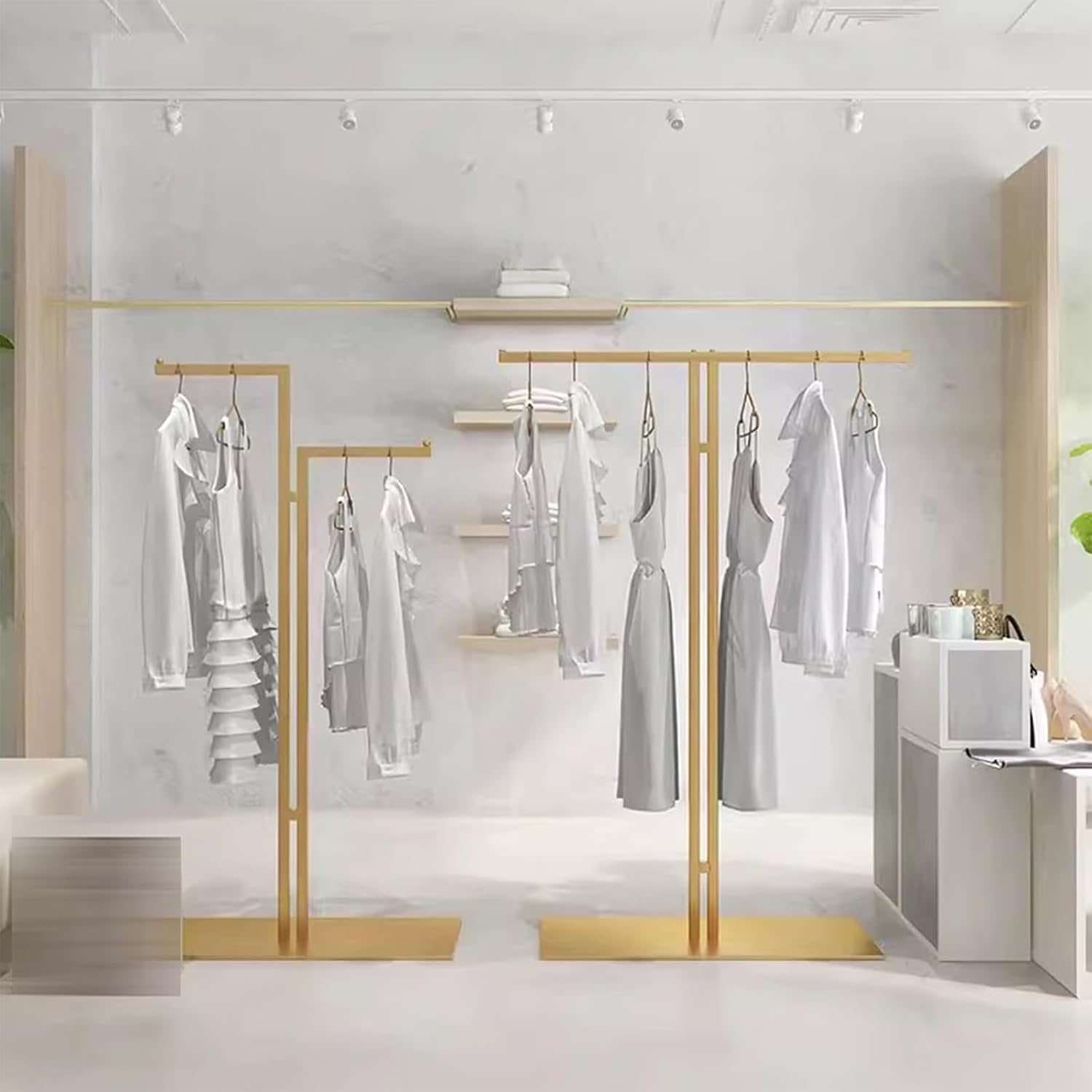 Heavy Duty Garment Rack Double Rod Clothing Rack for Hanging Clothes, Freestanding Clothes Display Rack for Boutique, Heavy Duty Metal Clothes Rail for Bedroom, Space Saving Coat Rack (Gold)