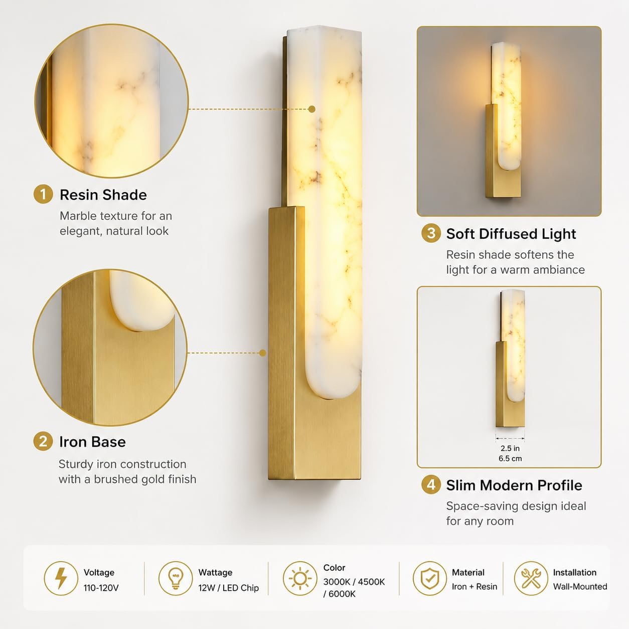 Modern Dimmable Wall Lamp Bedroom Sconces Imitation Marble Wall Lights Hardwired Bedside Wall Lamps Built-in LED for Living Room Porch Farmhouse Light Fixture Wall Decor Set of 2