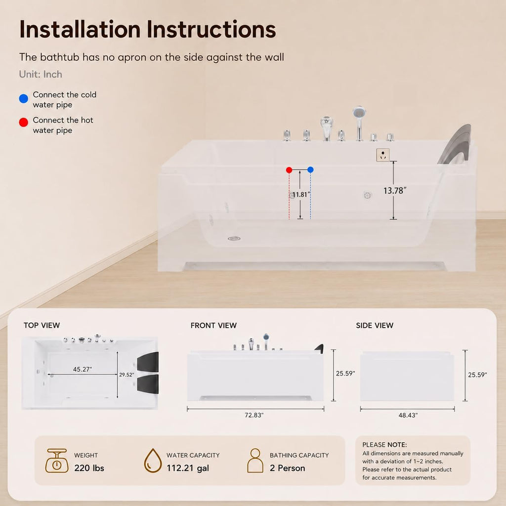 73x48-inch dual massage bathtub, featuring 8 jets, a 750-watt hydrotherapy pump, multi-color underwater LED lighting, 110-gallon capacity, suitable for two people. (white-1)