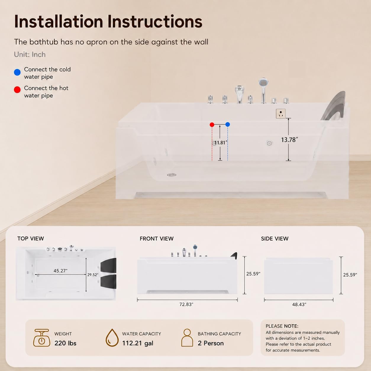 73x48-inch dual massage bathtub, featuring 8 jets, a 750-watt hydrotherapy pump, multi-color underwater LED lighting, 110-gallon capacity, suitable for two people. (white-1)