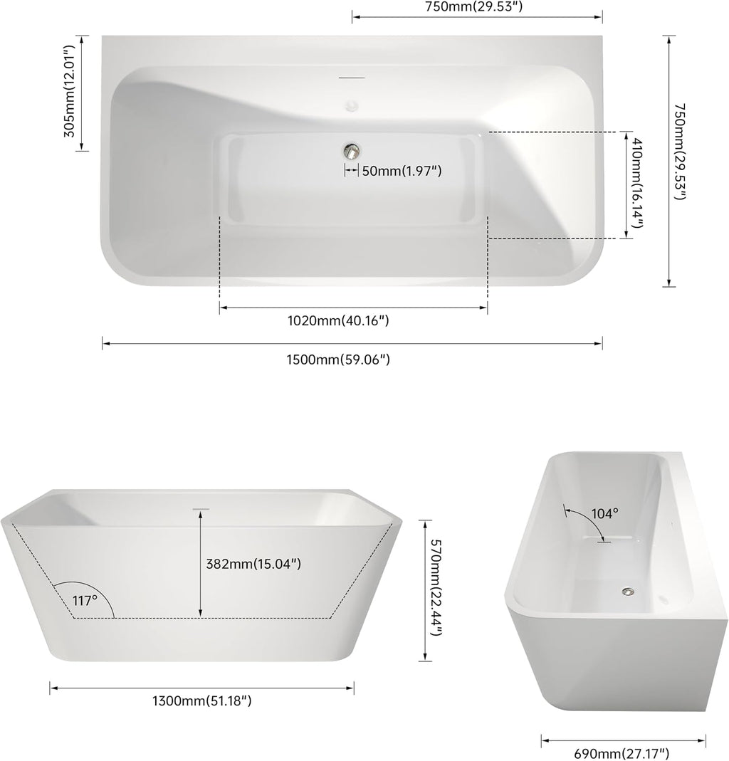 SJ STAR&JANE 59 Inch Acrylic Freestanding Bathtub,Modern Back to Wall Soaking Tub, Stand alone Acrylic Tub Integrated Center Drain & Overflow, Glossy White