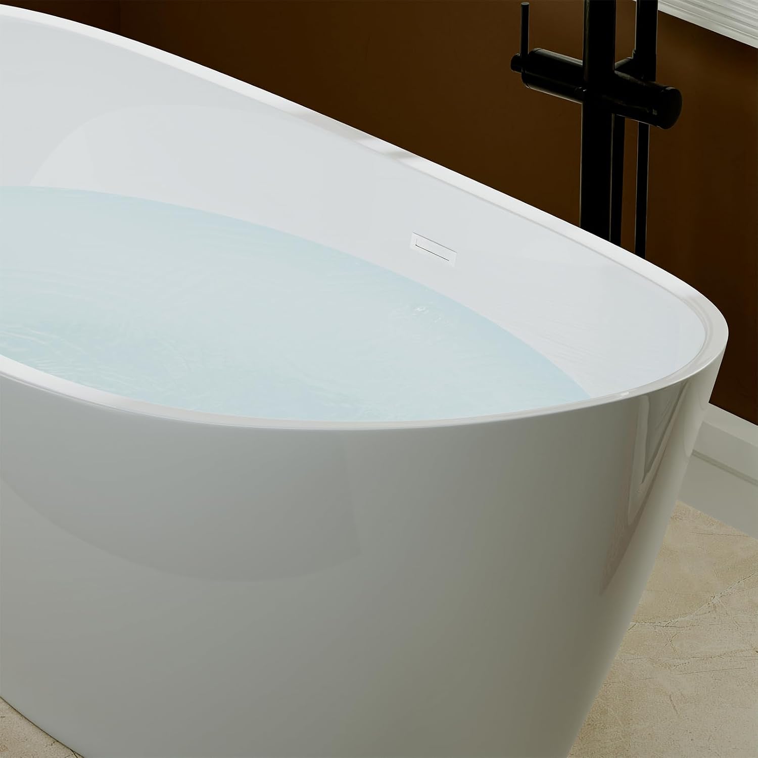 Empava 59' Freestanding Bathtub – Deep Soaking Acrylic Tub for Small Bathroom, Non-Slip Flatbottom, Stress Relief Home Spa, Brushed Nickel Drain & Overflow, Single Adult, Glossy White