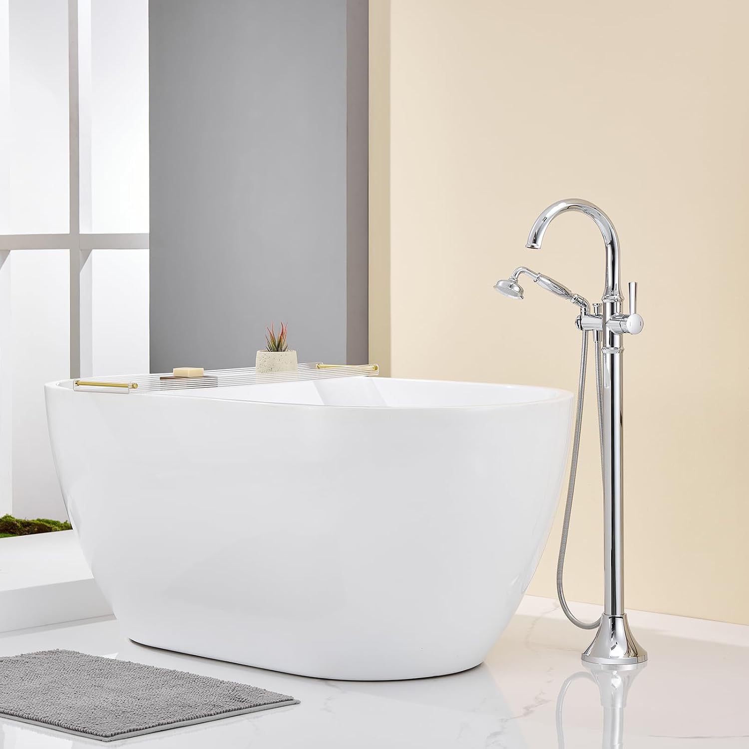 Wowkk Free Standing Tub Faucet Chrome Tub Filler Freestanding Bathtub Faucets Brass Tub Faucet with Hand Shower