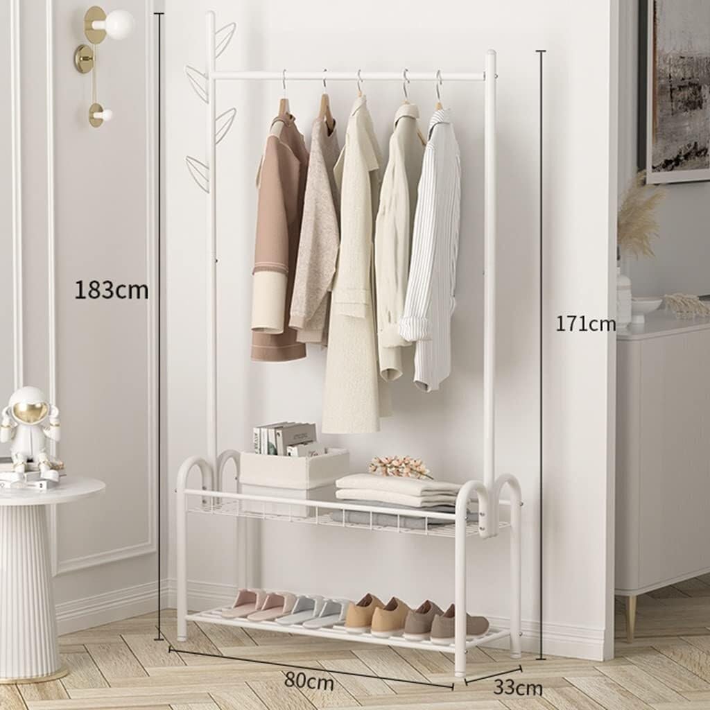 3-in-1 Hall Tree Coat Rack with Bench & 2 Shelves, Free-Standing Garment Stand, Steel Frame for Entryway(White,80 * 33 * 187cm)