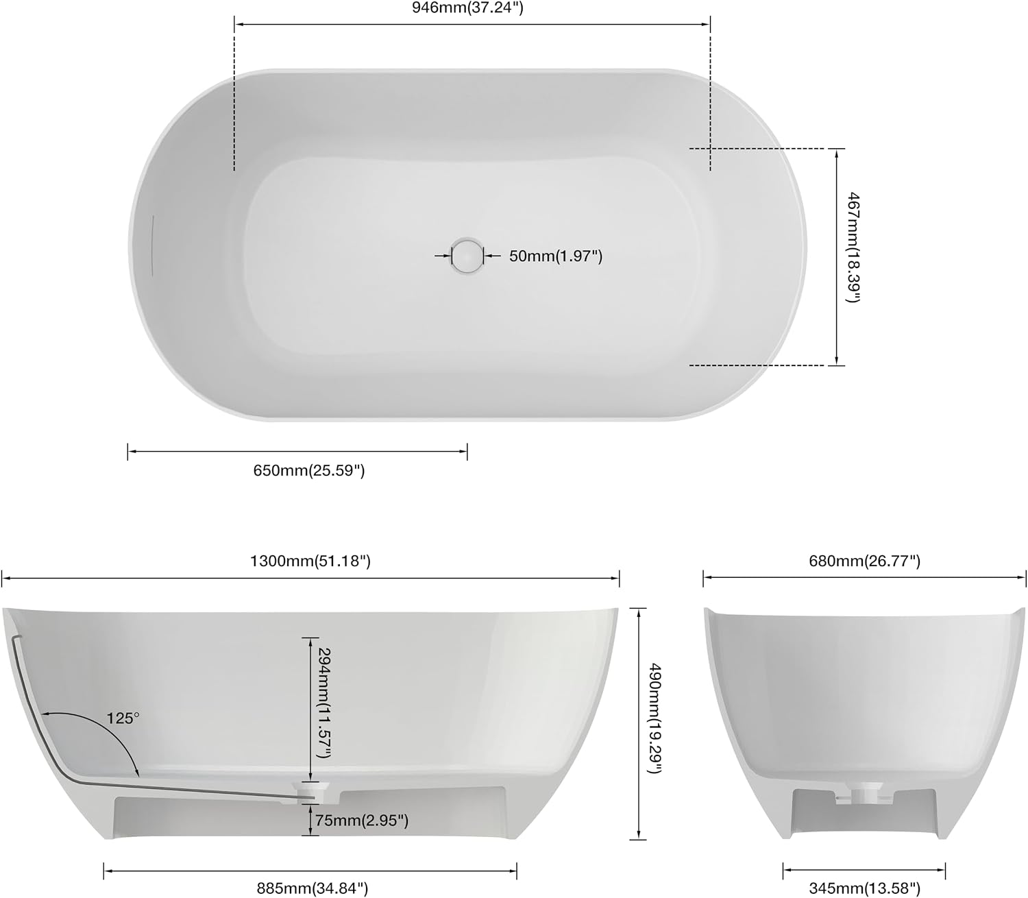 51' Stone Resin Freestanding Bathtub, Small Free Standing Tub, Solid Surface Bathroom Soaking Tub, Stand Alone Tubs with Integrated Slotted Overflow and Pop-up Drain, White 307-130