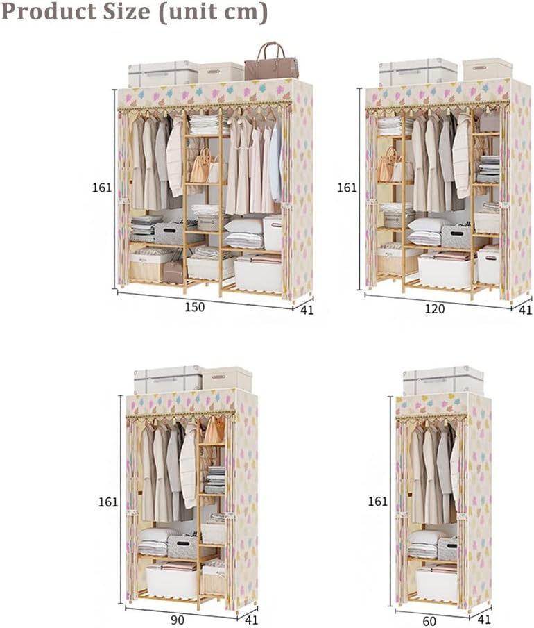 Clothes Rod Rack Garment Hanging Rails, Freestanding Bamboo Coat Stand Rack with Double Clothing Rail and 9 Storage Shelf, with Cover, Clothes Cabinet Wardrobe Organiser 150X4