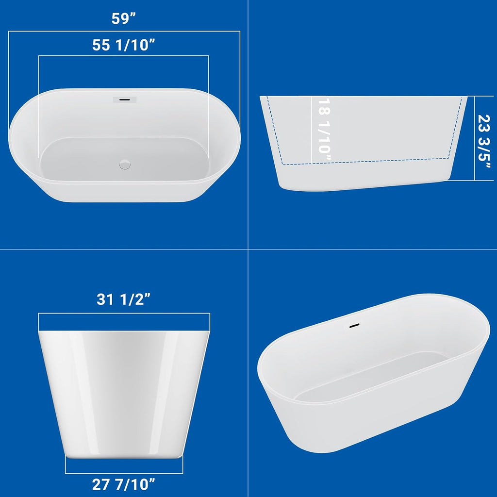 GarveeTech 59' Acrylic Freestanding Bathtub – Glossy White Soaking Tub With Chrome Overflow and Drain, Cupc Certified for Quality and Safety