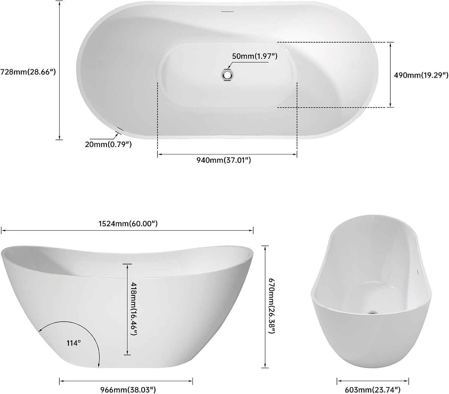 60' Premium Modern Stand Alone Freestanding Bathtubs, Upgraded Acrylic Oval White Soaking Bathroom Tub with CUPC Drain