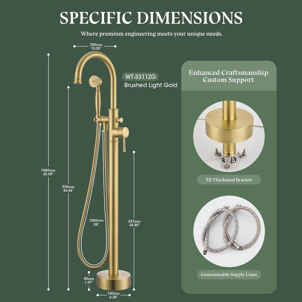Free Standing Tub Faucet, Wintap Classic Freestanding Bathtub Faucet with Sprayer Brass Elegant Floor Mount Bath Faucets High Flow Roman Tub Filler, Brushed Gold （WT-3311BG）