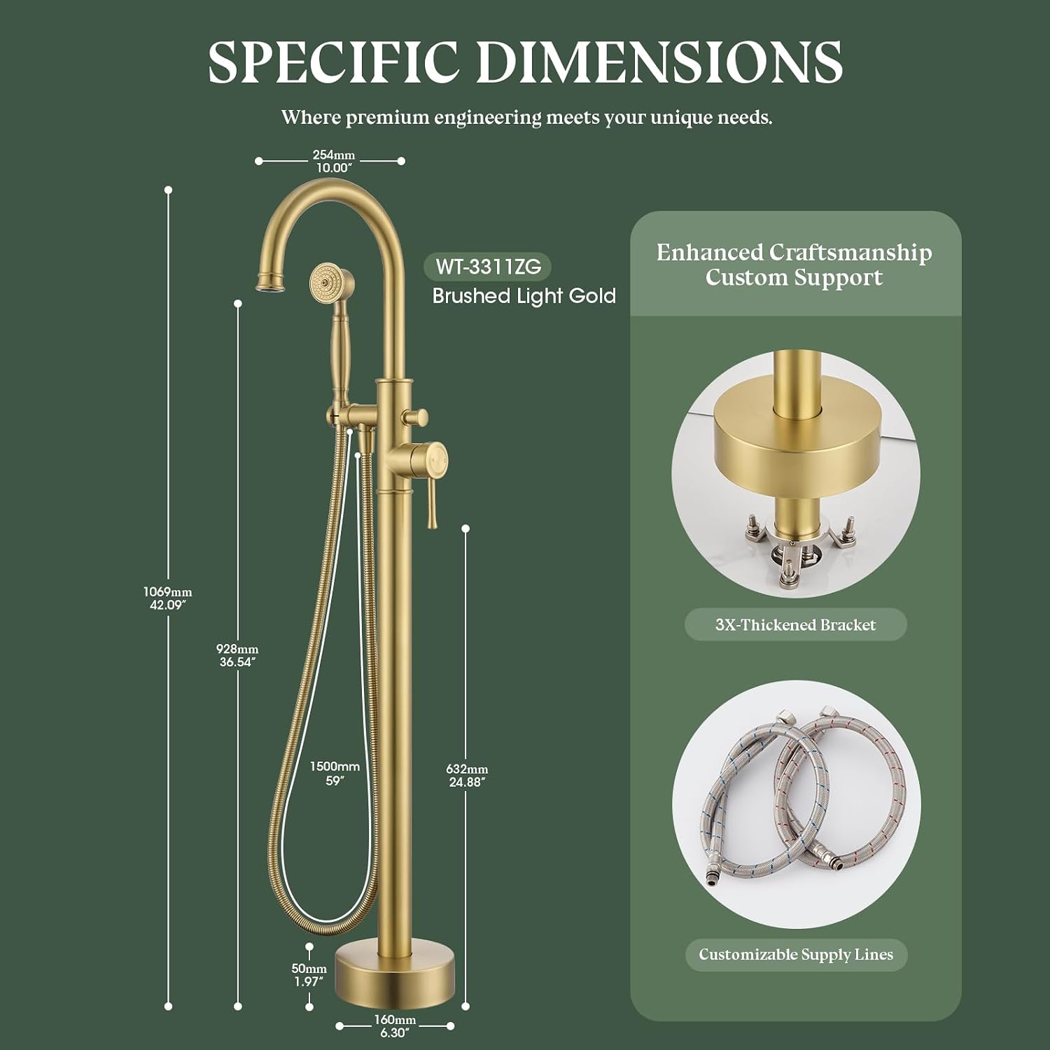 Free Standing Tub Faucet, Wintap Classic Freestanding Bathtub Faucet with Sprayer Brass Elegant Floor Mount Bath Faucets High Flow Roman Tub Filler, Brushed Gold （WT-3311BG）