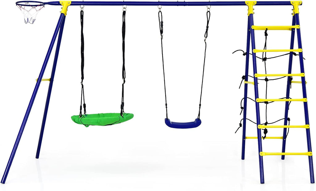 GLACER Swing Sets for Backyard, 550Lbs All-in-1 Large Kids Playground w/Ground Stake, Basketball Hoop & Saucer Swing, Climbing Ladder & Net, A-Shape Metal Heavy-Duty Outdoor Playgset, Boys & Girls
