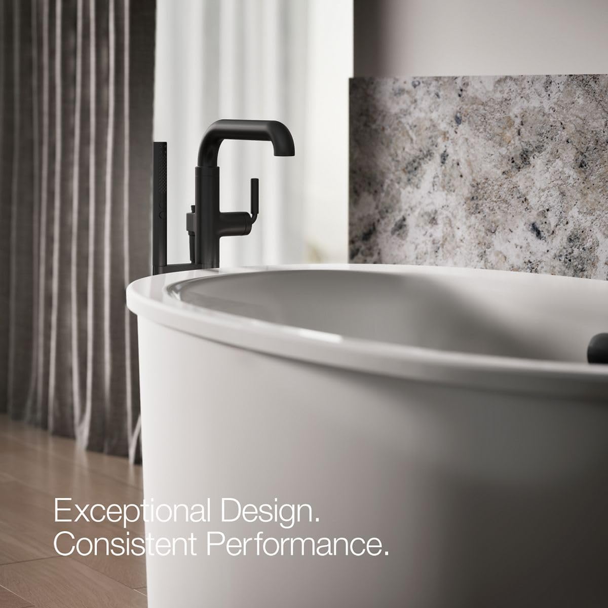Kohler T27424-4-BL Tone™ Floor-mount bath filler trim with handshower, Matte Black