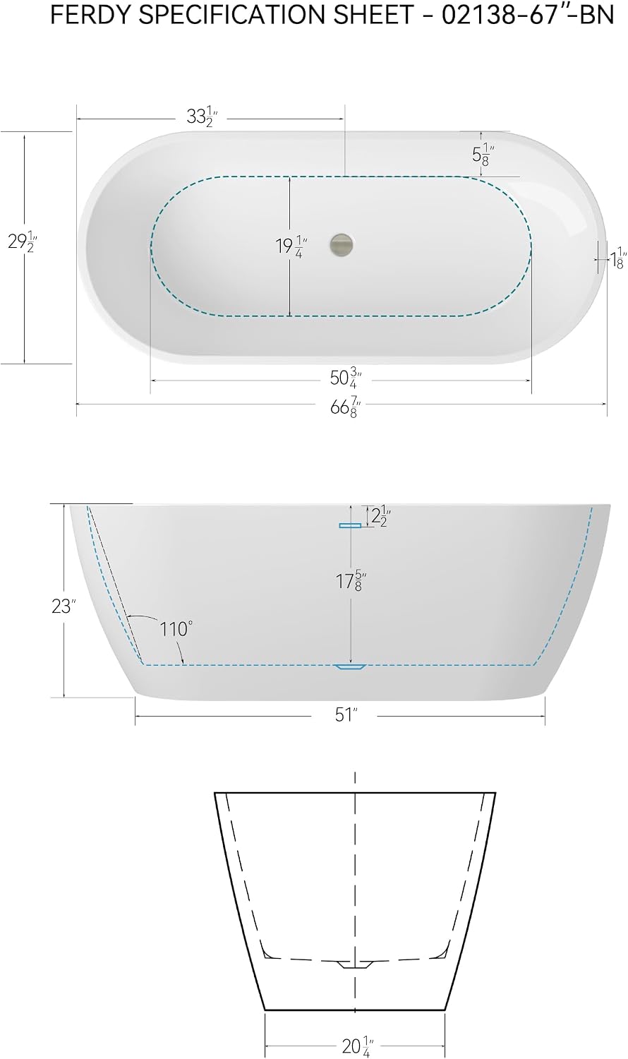 FerdY 67' Bali Elite Acrylic Freestanding Bathtub with Headrest, Gracefully Shaped Soaking Bathtub, cUPC Certified, Toe-Tap Brushed Nickel Drain & Overflow& Bath Pillow Included