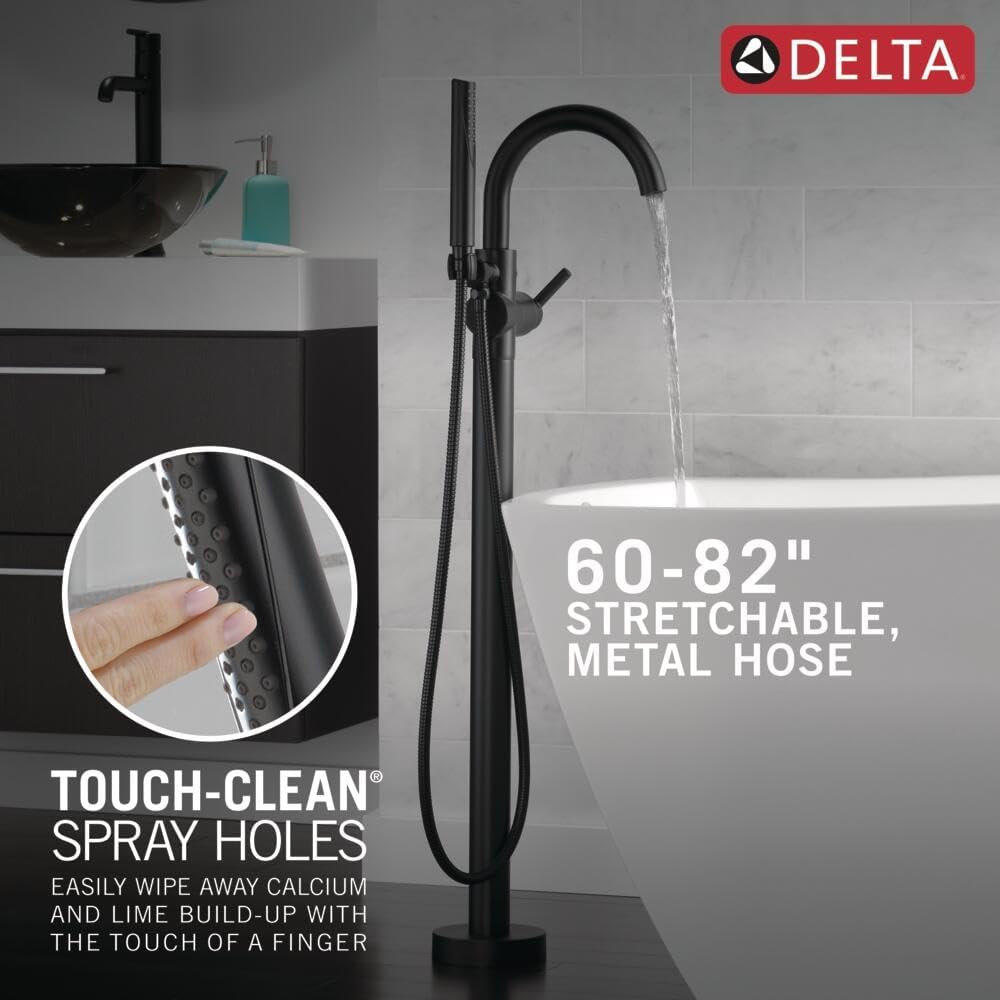 Delta Faucet Trinsic Floor Mount Tub Filler - Freestanding Roman Tub Spout with Handheld Shower - Flexible Shower Hose - Double Check Valves - Matte Black, T4759-BLFL (Rough Sold Separately)