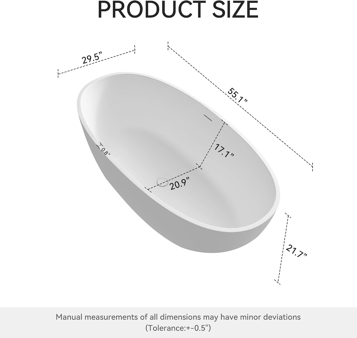 55' Premium Solid Surface Freestanding Bathtub, Upgraded Oval Stone Resin Tub with Overflow and Pop-up Drain, Matte White