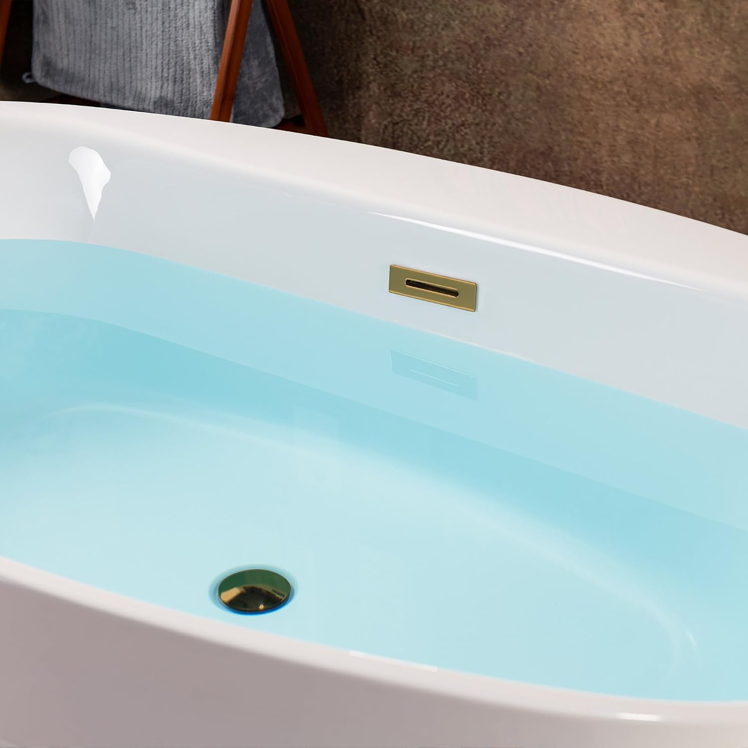 WOODBRIDGE 66' Acrylic Freestanding Bathtub Contemporary Soaking White Tub with Brushed Gold Overflow and Drain，B0027-BG