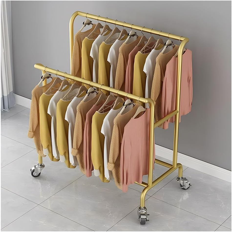 zktoermn Heavy Duty Double Rod Clothes Rack, Clothing Garment Rack On Wheels, Stainless Steel Freestanding Garment Rack, for Bedroom,Living Room,Clothing Store(Gold-A,150x50x155 cm)