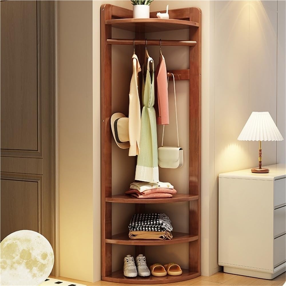 Wood Corner Coat Rack with Storage Shelf Clothing Rack Garment Racks with Rack for Entryway Living Room Solid Construction(Brown)