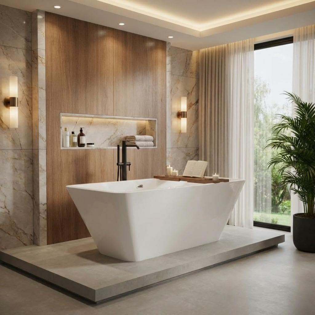 59 Inch Acrylic Freestanding Soaking Bathtub, Ergonomic Contoured Design with Integrated Drain & Overflow, Deep Soak Tub for Bathroom Remodel, Spa, Modern Luxury (Glossy White)