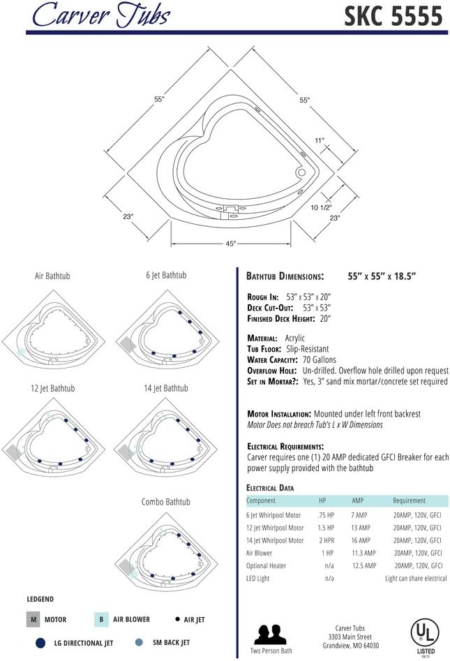 Carver Tubs - SKC5555 - Soaking Acrylic Corner Bathtub - 55'L x 55'W x 18.5'H - Two Person White Triangle Heart Tub