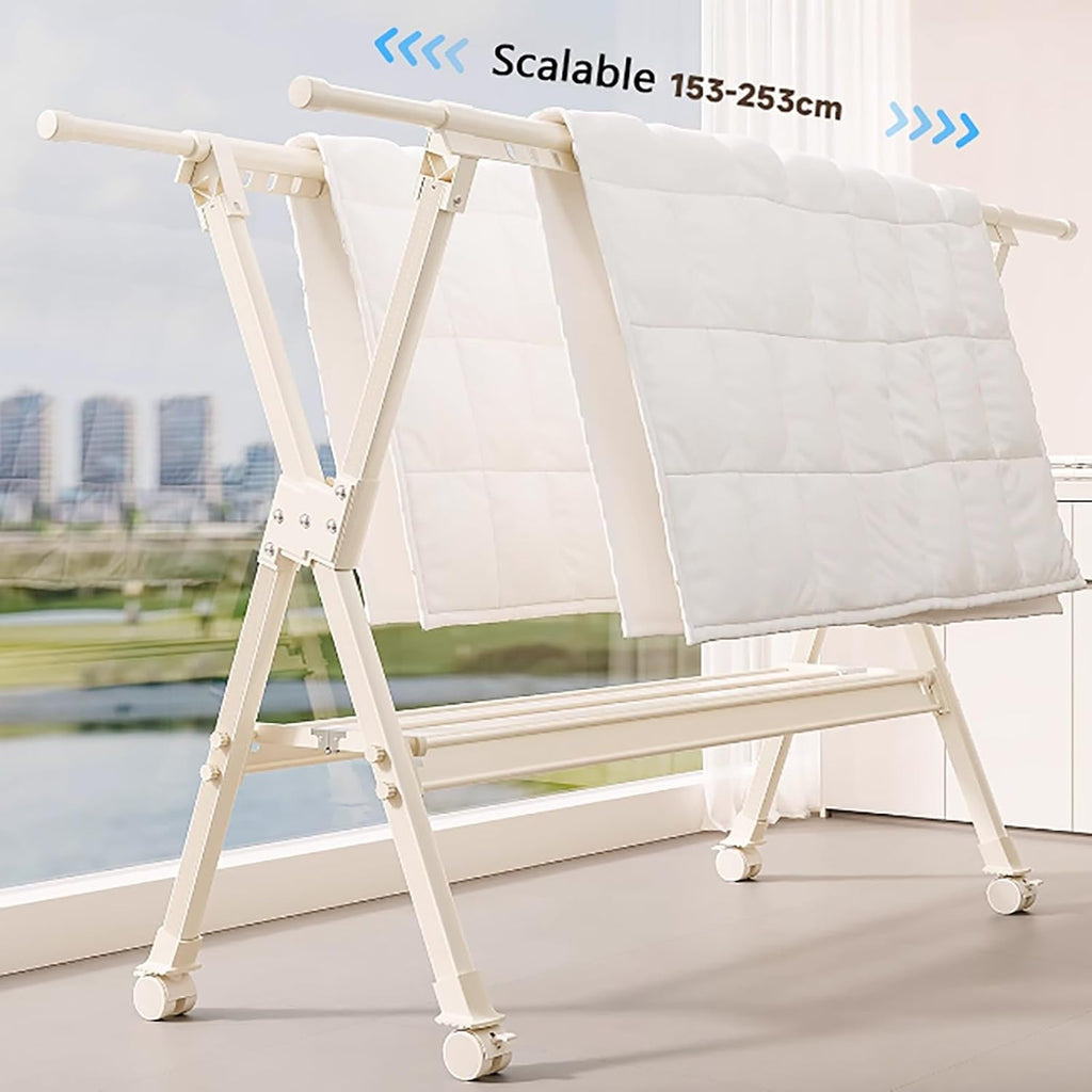 X-Shaped Drying Rack Collapsible,Lifting X-Shaped Drying Rack,Portable Rolling Garment Rack On Wheels,for Hanging Clothes with Sturdy Wheels and Shelves