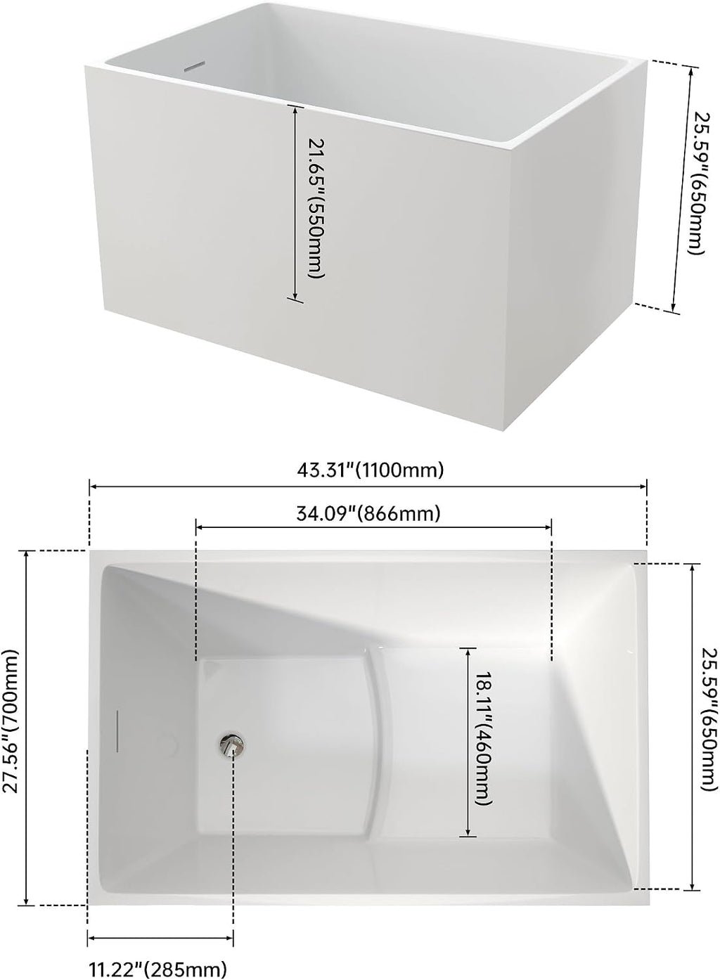 43.3' Free standing Bathtubs With Seat, Gloss White Acrylic Tub | Modern Freestanding Bathtub, Unique Soaking Tub with Overflow and Drain