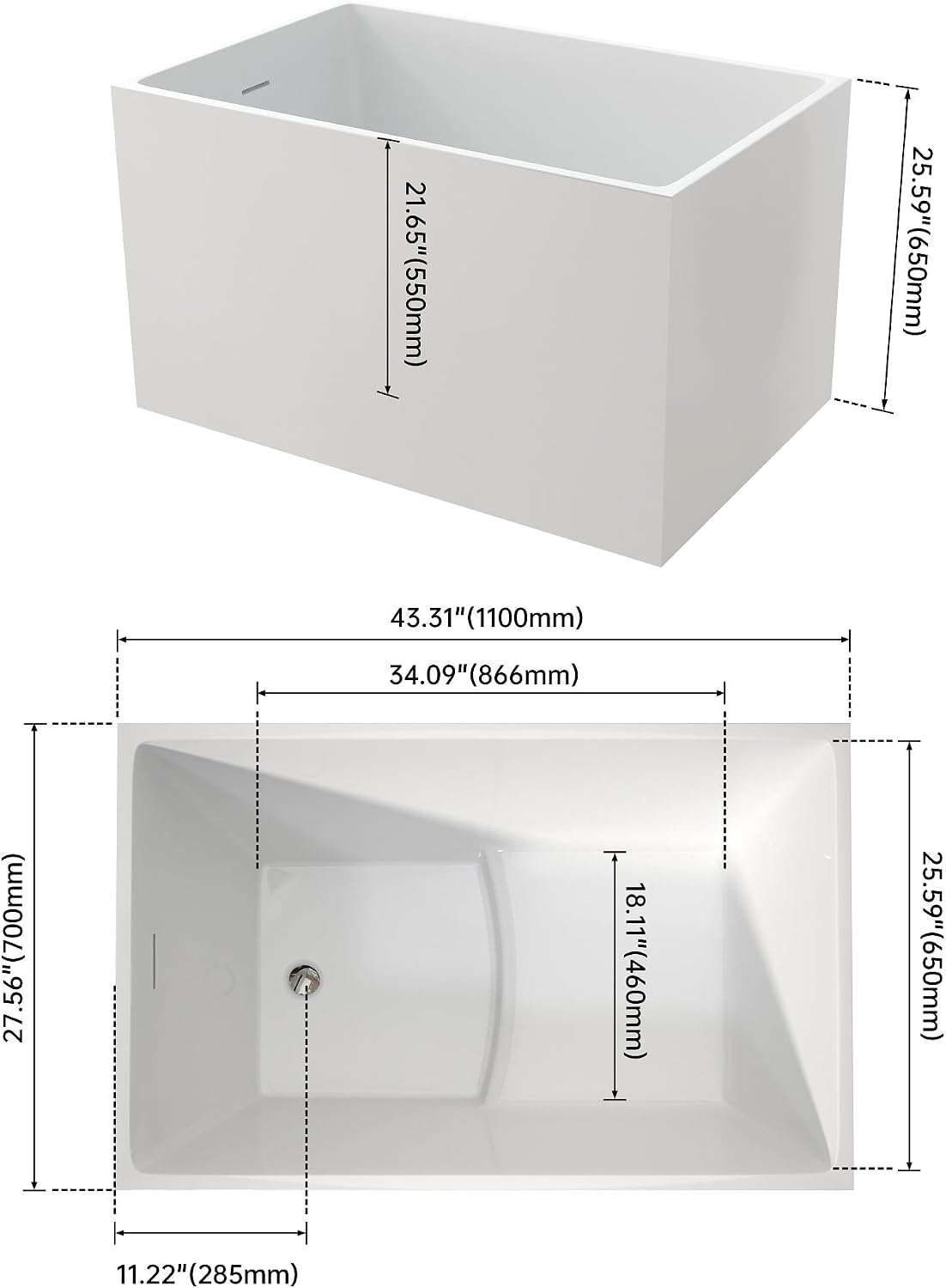 43.3' Free standing Bathtubs With Seat, Gloss White Acrylic Tub | Modern Freestanding Bathtub, Unique Soaking Tub with Overflow and Drain