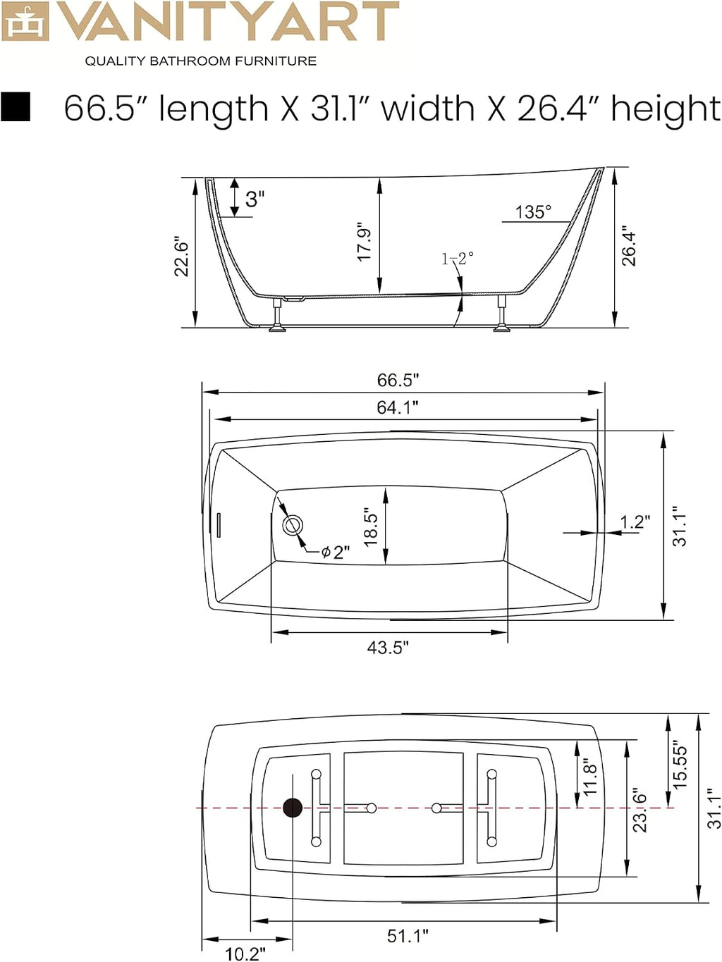 Vanity Art 67 X 31 Inch White Acrylic Freestanding Bathtub | Contemporary Design Soaking Tub with Pop-up Drain and Slotted Overflow Included, UPC Certified VA6841