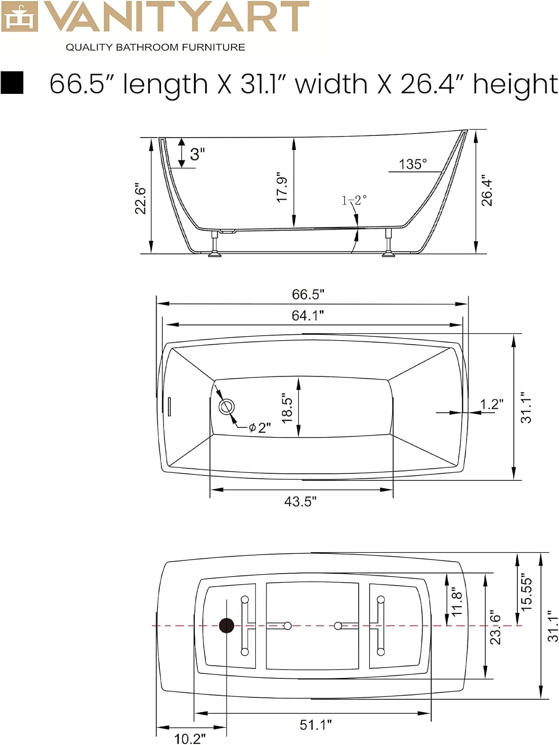 Vanity Art 67 X 31 Inch White Acrylic Freestanding Bathtub | Contemporary Design Soaking Tub with Pop-up Drain and Slotted Overflow Included, UPC Certified VA6841