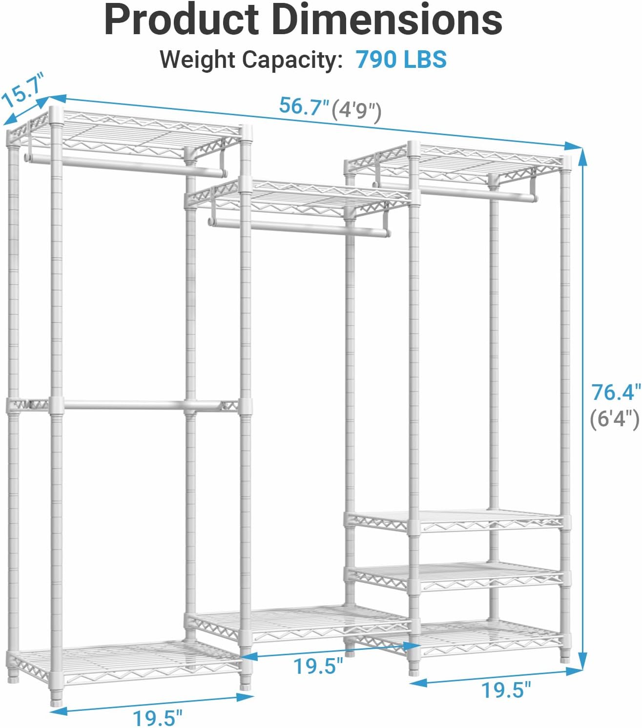 VIPEK V5 Medium Portable Closet Wardrobe Heavy Duty Clothes Rack, Freestanding Closet Metal Clothing Rack with 4 Hang Rods & 8 Shelves, Adjustable Custom Closet Rack, 56.7' Lx15.7 Wx76.4 H, White