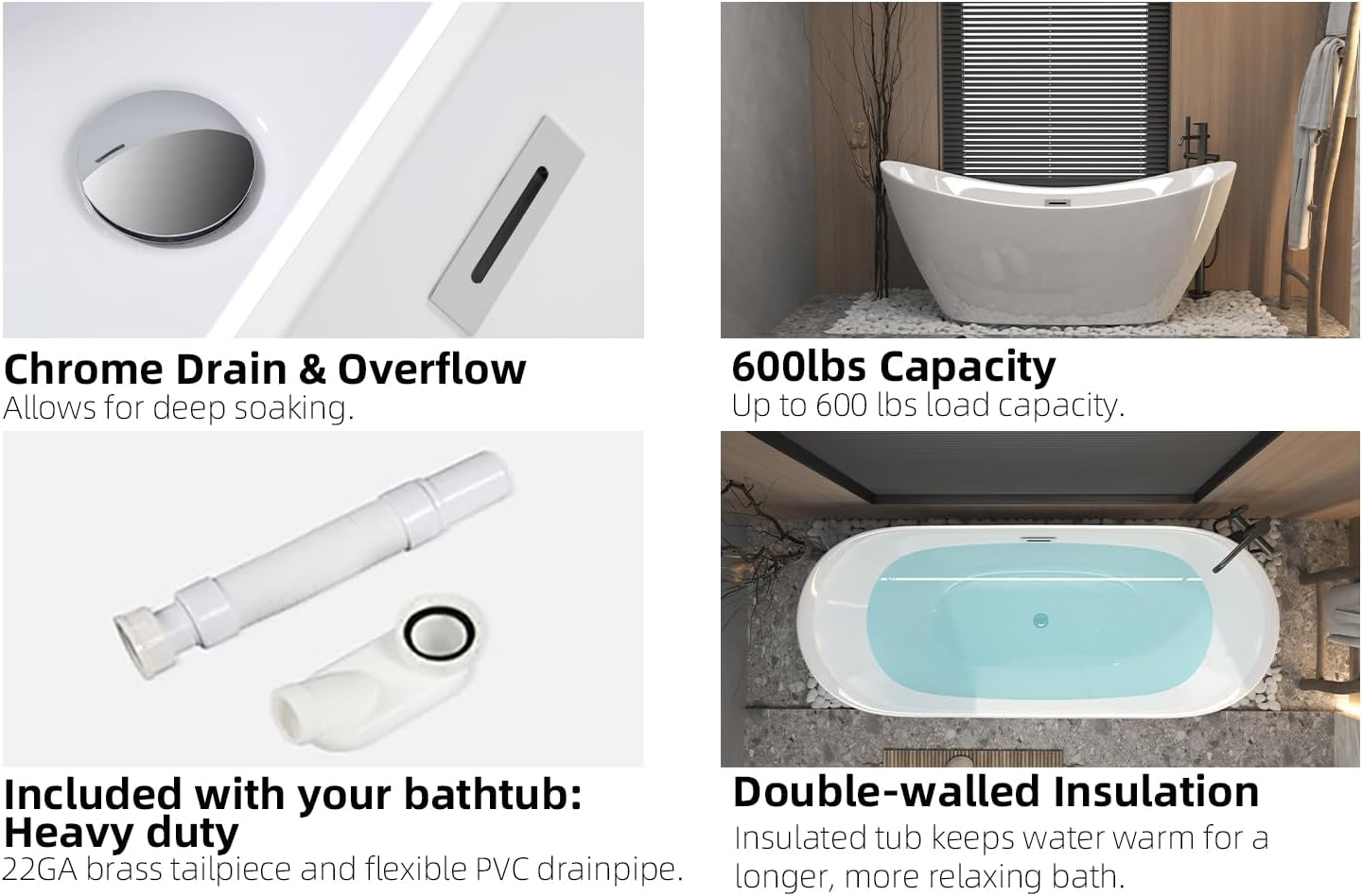 59' Freestanding Tub, Gloss White Soaking Bathtub with Chrome Overflow & Pop-Up Drain, CUPC Certified, Modern Glossy Finish for Bathroom Remodel