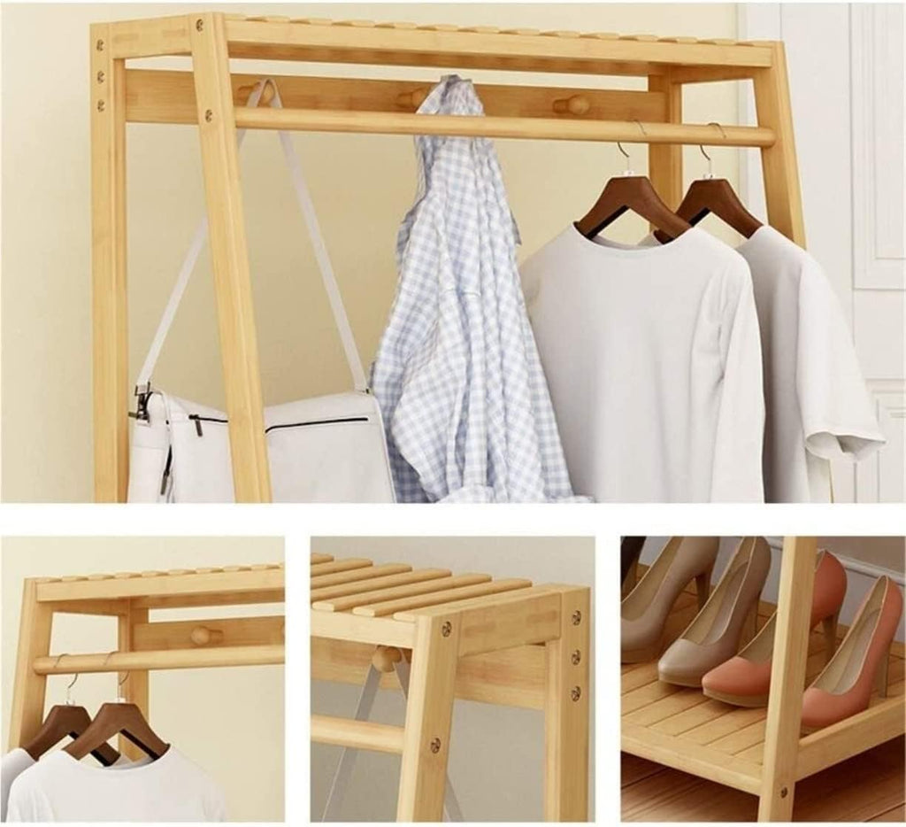 Floor Coat Rack Space-Saving Coat Stands Heavy Duty Adjustable Clothing Rail Garment Clothes Rack Collapsible with Hooks for Shoes Hats Scarves Entrance Clothes Stand(Natural-80 * 43 * 165Cm)