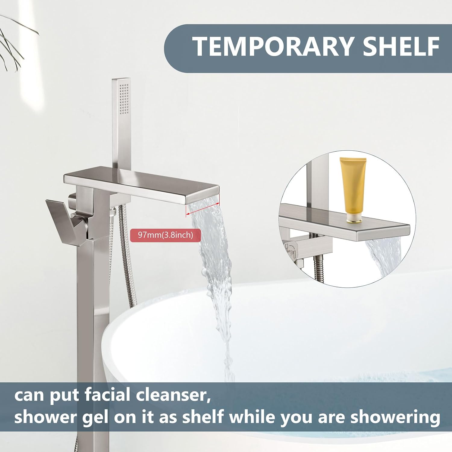 Aolemi Freestanding Bathtub Faucet Floor Mount Tub Filler with Handheld Spray Single Handle Free Standing Bathroom Faucets Swivel Flat Waterfall Spout Brushed Nickel
