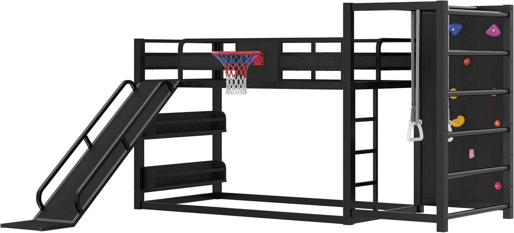 Multifunction Kids Loft Bed with Basketball Hoop, Slide, Pull-up Rings and Climbing Wall, Twin Metal Bunk Bed with Basketball Hoop, Pull-Up rings, Climbing Wall, and Built-in Bookshelves, Black