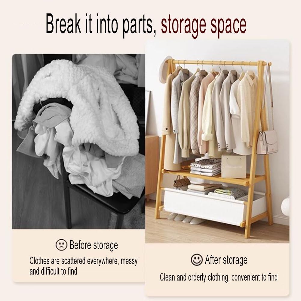 zktoermn Foldable Floor Mounted Coat Rack, with Large Storage Bag Clothes Organizer Stand 2-in-1 Freestanding Garment Rack for Bedroom, Laundry Room, Living-Room (Color : Natural, Size : 86x40x159cm)