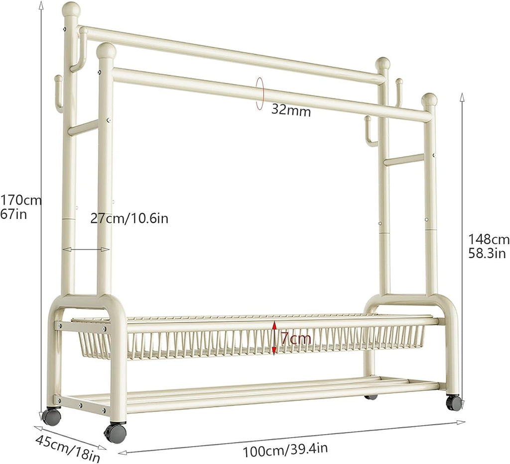 Double Garment Rack with Wheels, 100x45x170cm, Sturdy, Rolling Metal Clothes Rack with Shoe Shelf and Hooks for Closet