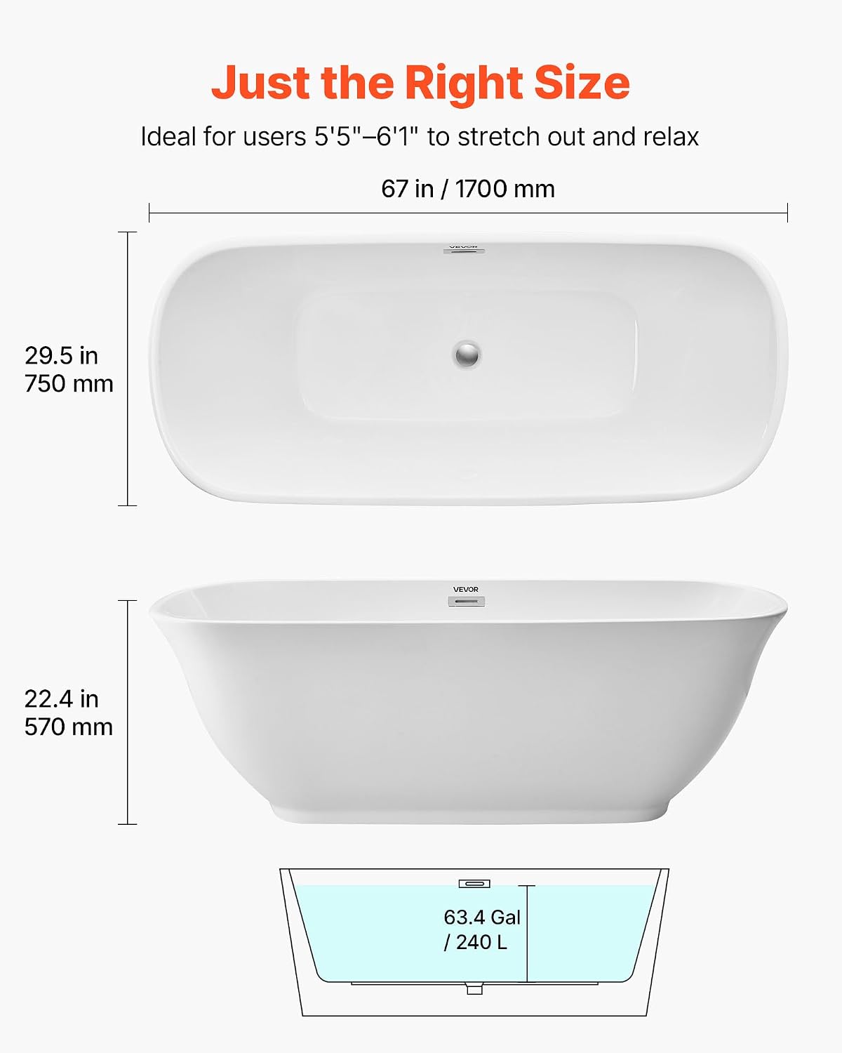 VEVOR Acrylic Freestanding Bathtub, 67 Inch Contemporary Soaking White Tub with Polished Chrome Overflow and Drain, Elegant Oval Shape Stand Alone Soaker Tub for Modern Bathroom or Remodel Projects