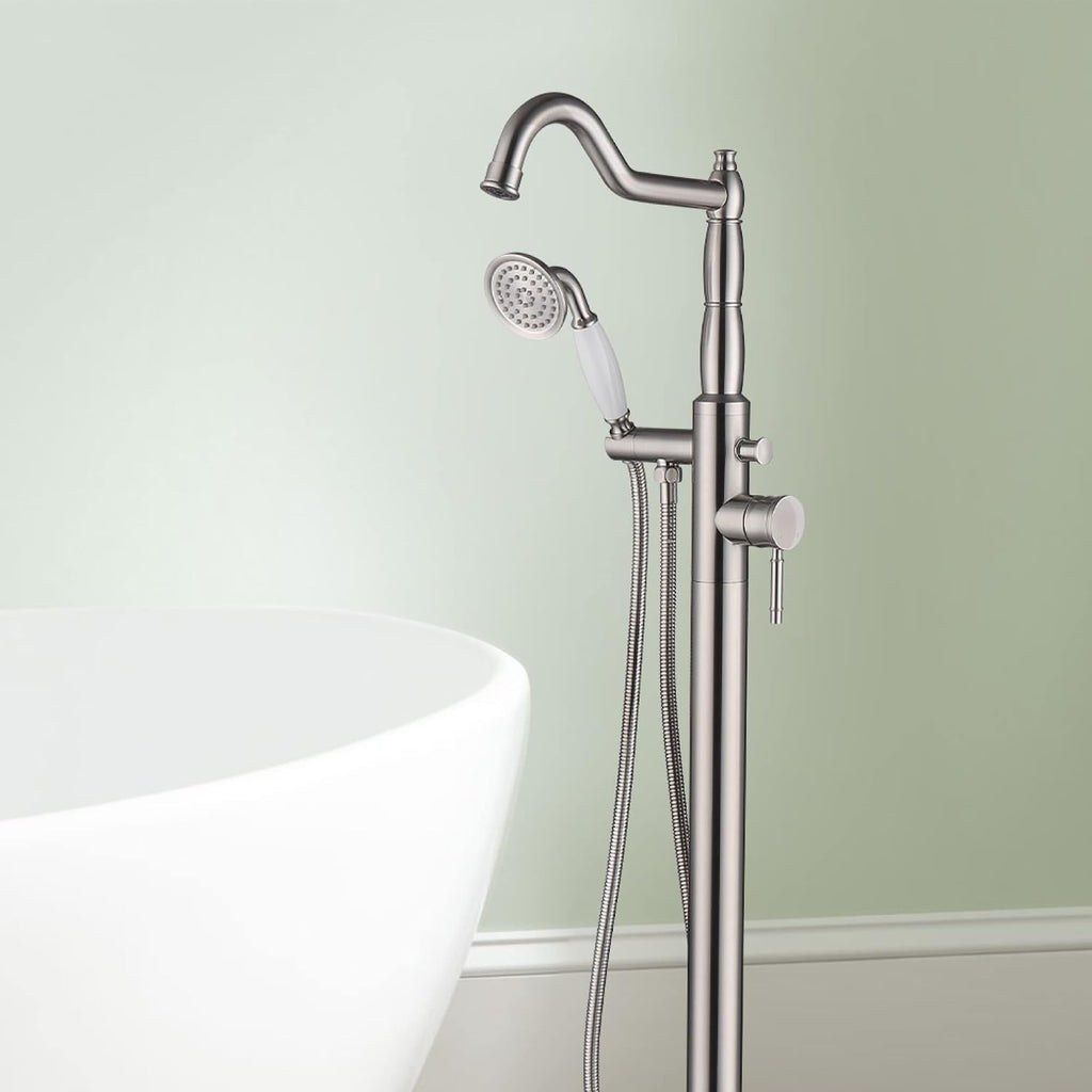 Free Standing Tub Faucet Brushed Nickel, Brass Freestanding Bathtub Faucet, Stylish Tub Filler Stand Alone Clawfoot Tub faucet Tub Fillers Floor Mounted Tub Filler with Rotate Handheld