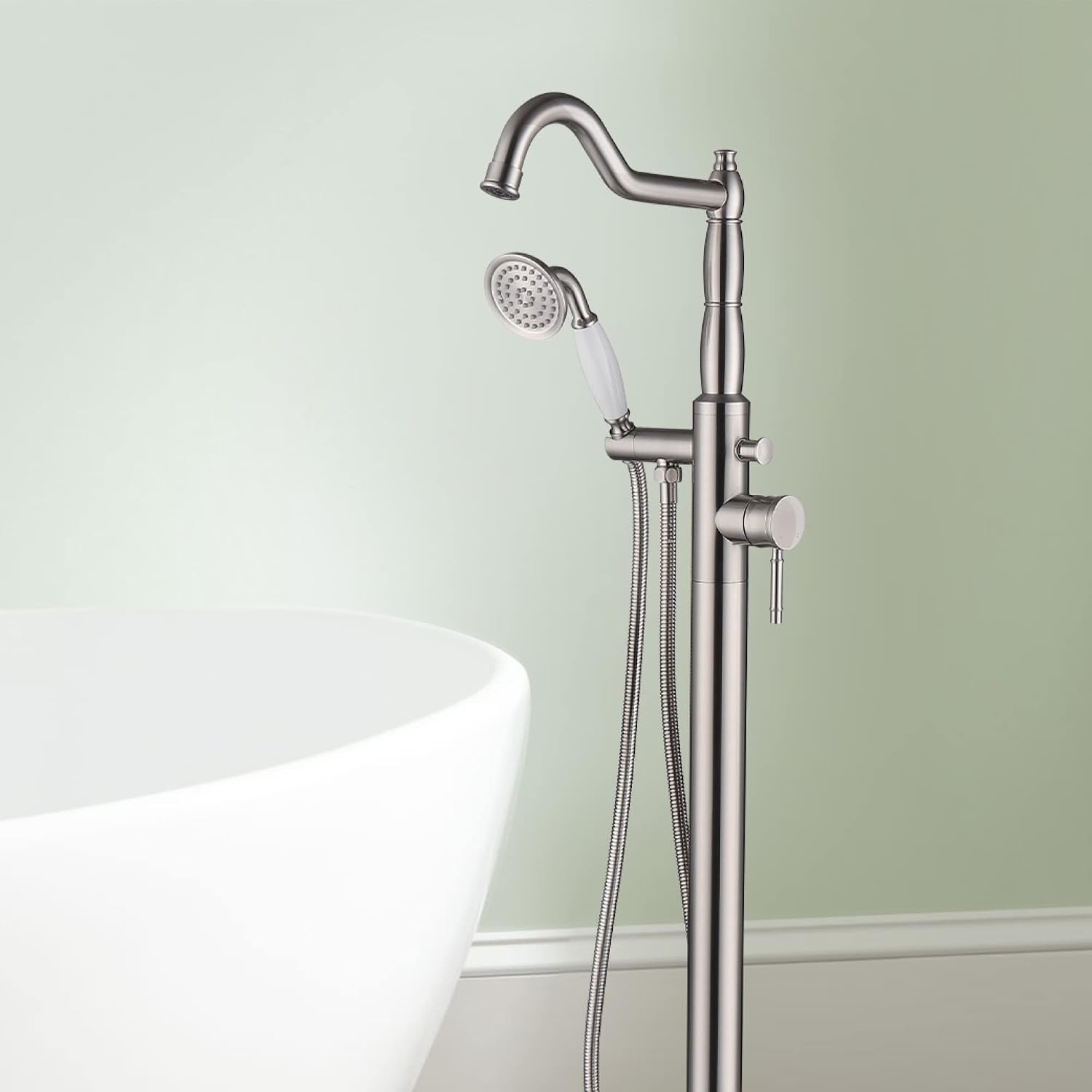 Free Standing Tub Faucet Brushed Nickel, Brass Freestanding Bathtub Faucet, Stylish Tub Filler Stand Alone Clawfoot Tub faucet Tub Fillers Floor Mounted Tub Filler with Rotate Handheld