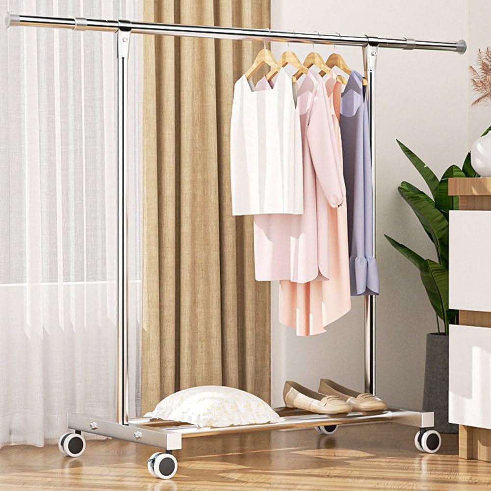Stainless Steel Clothes Garment Rack with Wheels, Rolling Clothes Organizer, Heavy Duty Clothes Rail with Storage Shelf and 4 Wheels, Load 60kg