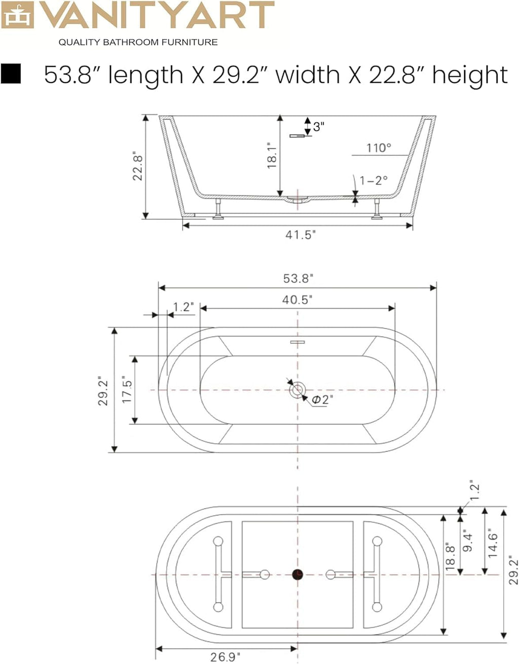 Vanity Art 54' X 29' Non-Slip Acrylic Freestanding Bathtub | Contemporary Design Soaking Tub with Overflow and Pop-up Drain, UPC Certified VA6815-NXSW-ORB