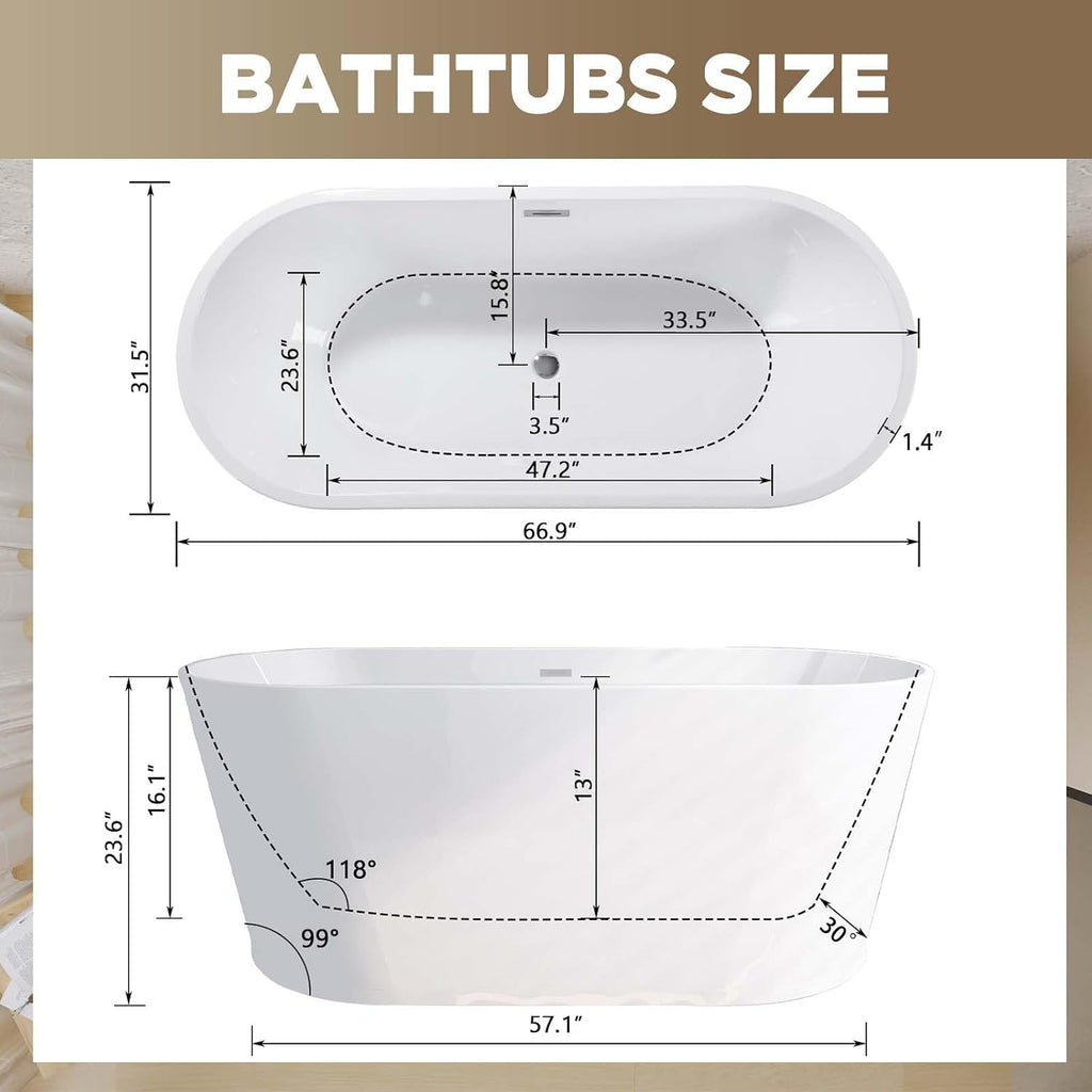 67' Acrylic Freestanding Bathtub, Stand Alone Soaking Tub with Toe-tap Chrome Drain Free Standing Bathtubs CUPC Certified, White