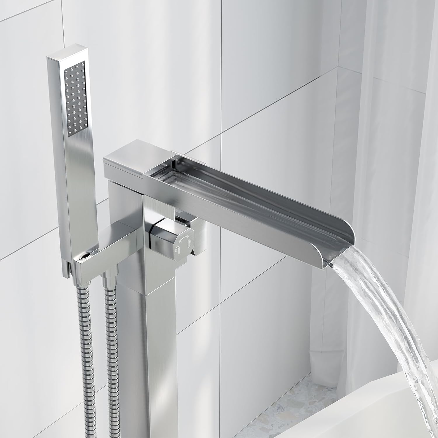 HAWKROWN Freestanding Bathtub Faucet, Floor Mount Bathtub Faucet with 2 Water Outlet Modes, Swivel Gooseneck Spout with Hand Shower,Single Handle, Max Flow Rate 7.4 GPM (Waterfall-Brushed Nickel)