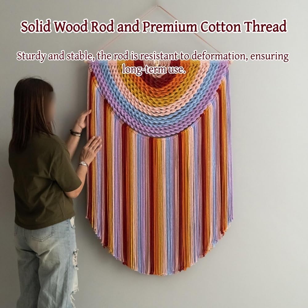 Colorful Cotton Wall Tapestry, Boho Tapestry with Solid Wood Rod, Hand Woven Large Macrame Wall Hanging, Exquisite Woven Wall Decor for Living Room and Bedroom