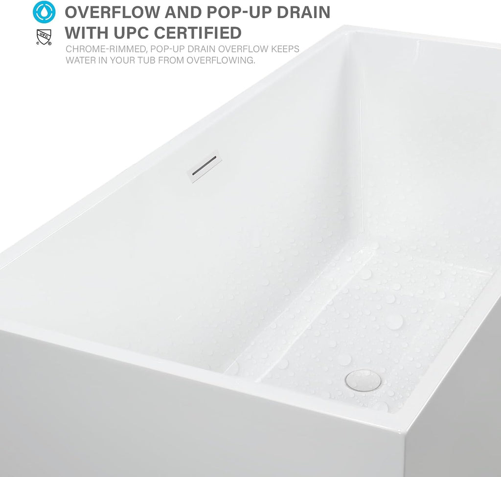 Vanity Art 67 X 32 Inch White Acrylic Freestanding Bathtub | Contemporary Design Soaking Tub with Pop-up Drain Overflow Included, UPC Certified VA6813B-L-PW