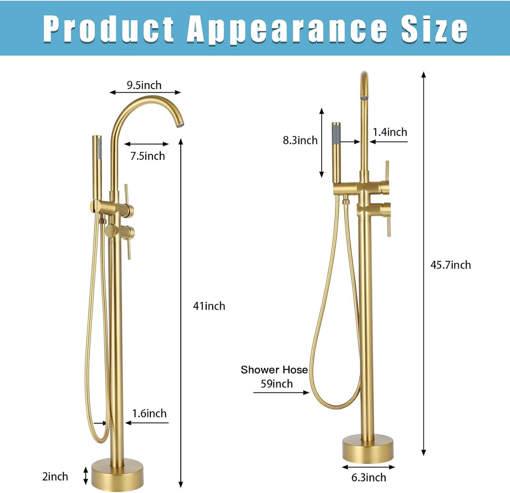 Floor Mount Bathtub Faucet，Freestanding Tub Faucet ，High Flow Dual Function 360 Degree Rotating Tube and Handheld Water Outlet (Brushed Gold)